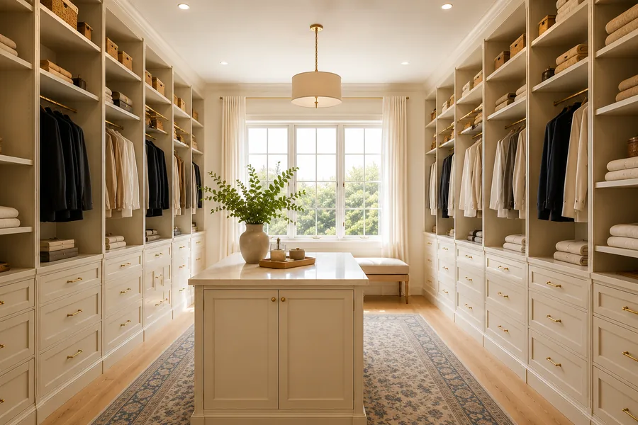 Custom walk-in closet with cream cabinetry and gold hardware in Winnetka