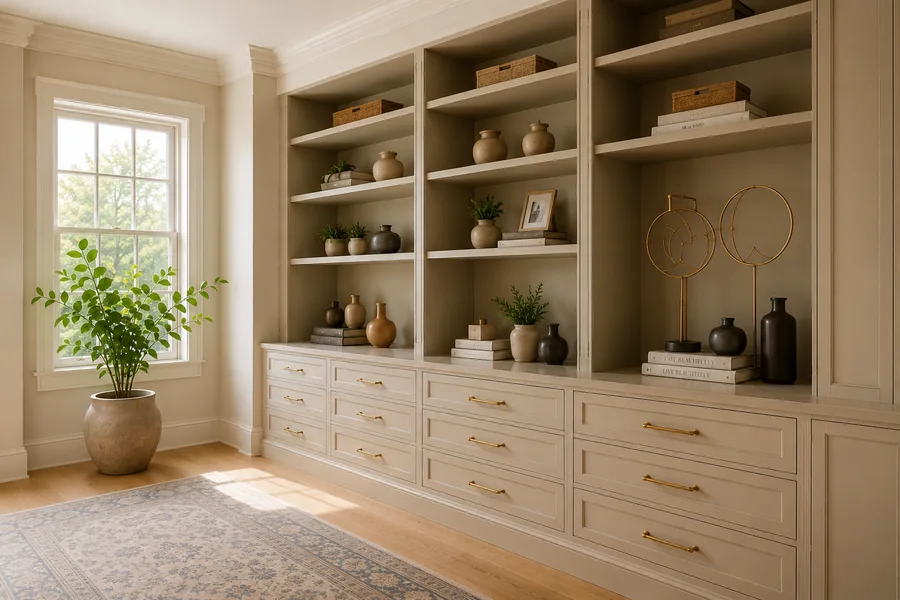 Floor-to-ceiling built-in shelving unit in a Northbrook living room