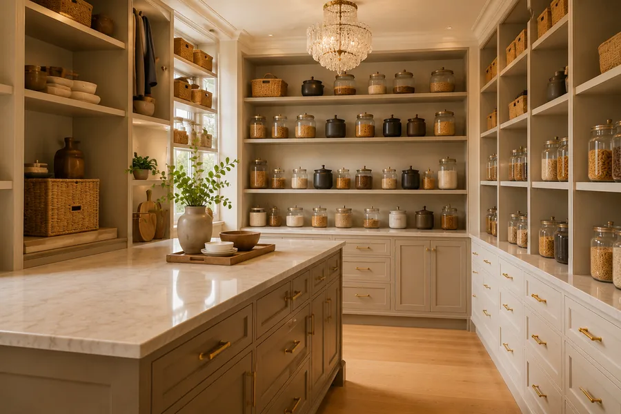 Fully custom pantry with pull-out drawers and open shelving in Glencoe